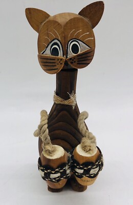 Vintage Wooden Bobblehead Cat Playing Bongo Drums 4.5  Bermuda Souvenir B8
