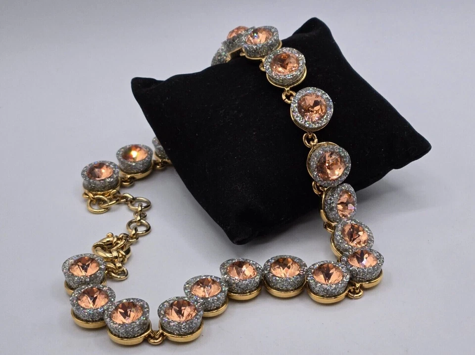 J. Crew Statement Necklace Gold Tone Chain Brulee Cupcake Glittery Pink Stones - Image 3 of 4