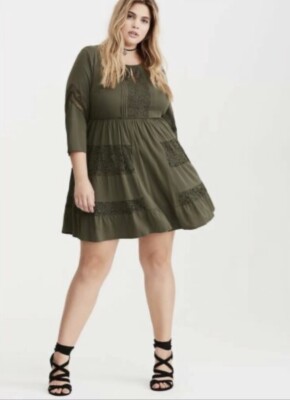 Torrid SZ 2 EUC Olive Green LACE INSET CHALLIS DRESS | eBay