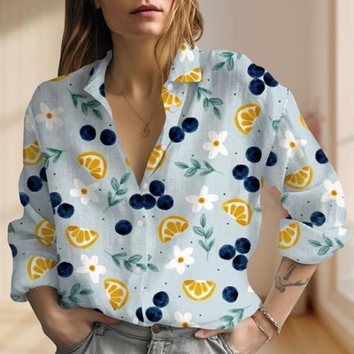 Fresh Lemon Blueberry Blouse Summer Citrus Fruit Vacation Casual Shirt Mom Gift