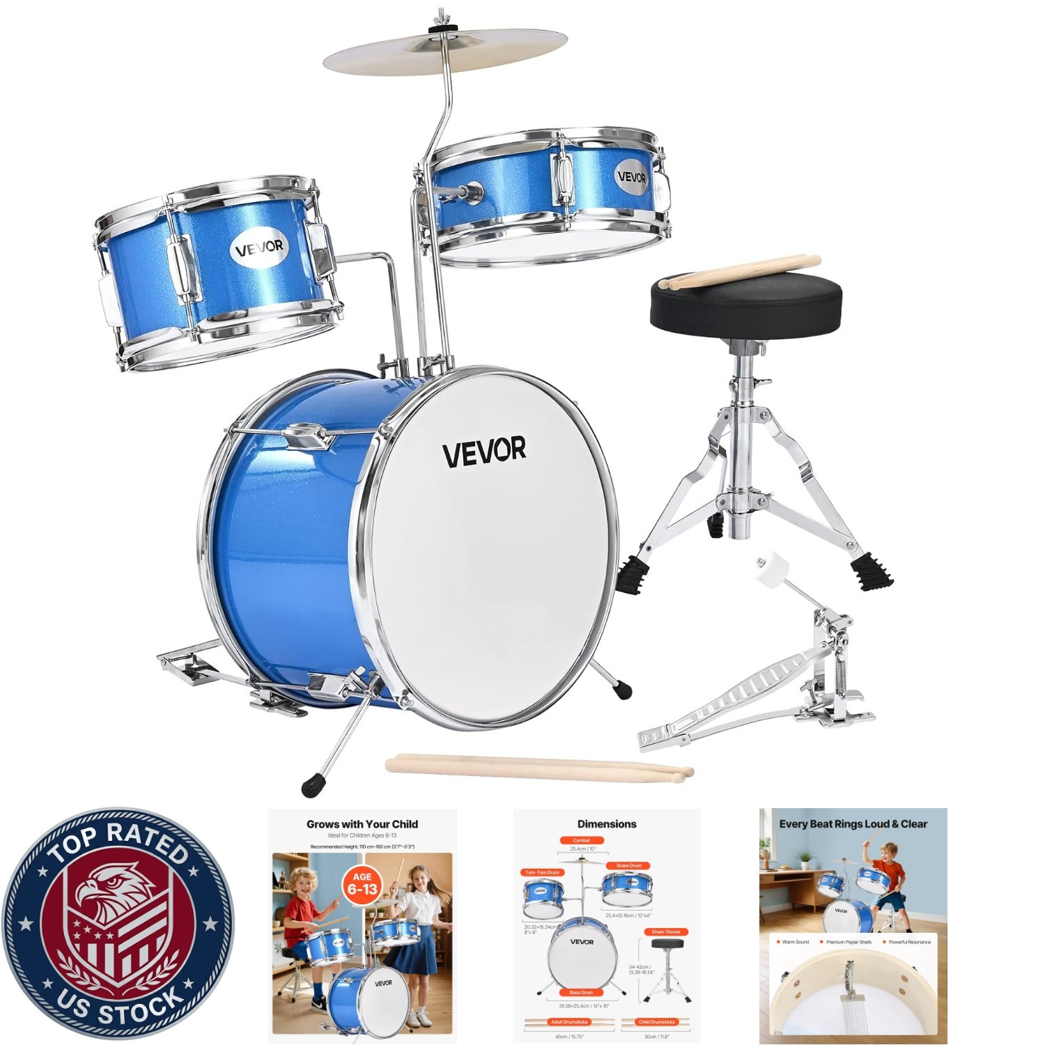 Kids Drum Set, 3-Piece 14 In Junior Drum Sets, Beginner Drums Set With