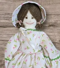 70s Homemade Cloth Rag Doll Yarn Hair Embroidered Face Country Signed 13" Mean