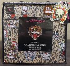 Ed Hardy Love Kills Slowly Leopard Print w/Skulls CALIFORNIA CAL KING Sheet Set