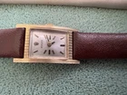 Rolex Precision Rectangular Manual Wind Gold Case Silver Dial Brown Strap Box