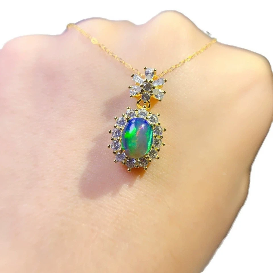 Collar de piedras preciosas brillantes de plata de ley 925 con colgante de ópalo negro natural de lujo Foto 4 de 4