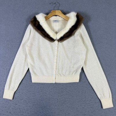 VTG 60s Isabel Saks Fifth Ave Womens Cardigan Sz M/L Ivory Mink Fur Collar Knit