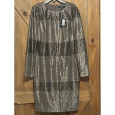 Lauren Ralph Lauren Metallic Gunmetal Stripe Sheath Dress Long Sleeve 2 NEW