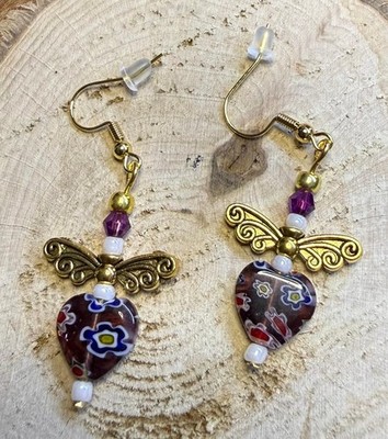 NEW Glass Heart Earrings w/ Filigree Wing Charms