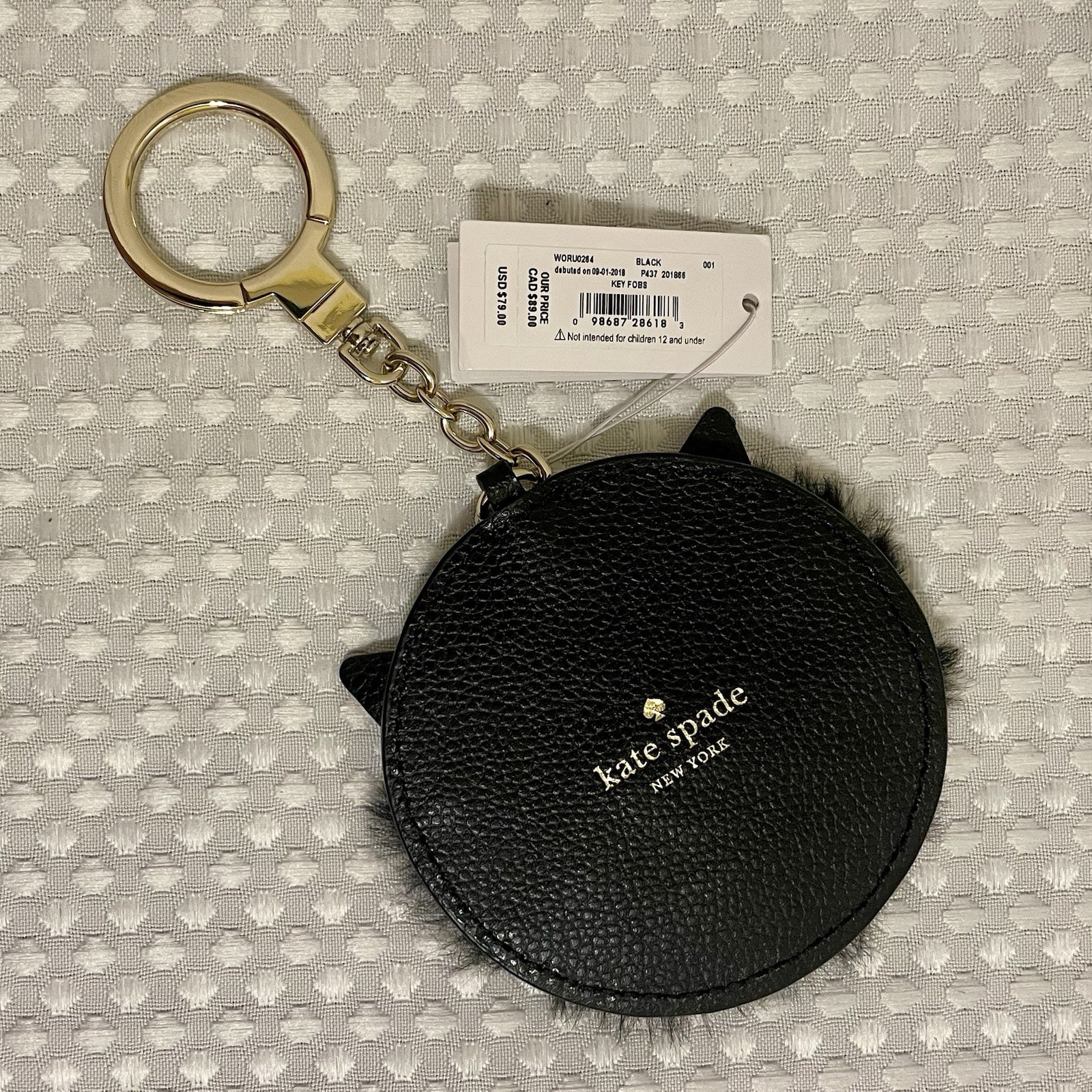 KATE SPADE Star Bright Cat Key Fob Bag Charm Black Leather Faux Fur NWT Retired thumbnail 4