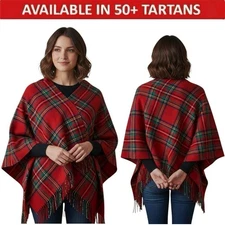 Scottish Ladies Tartan Ruana Highland Wool Cape Shawl Vintage  Size (54" X 72")