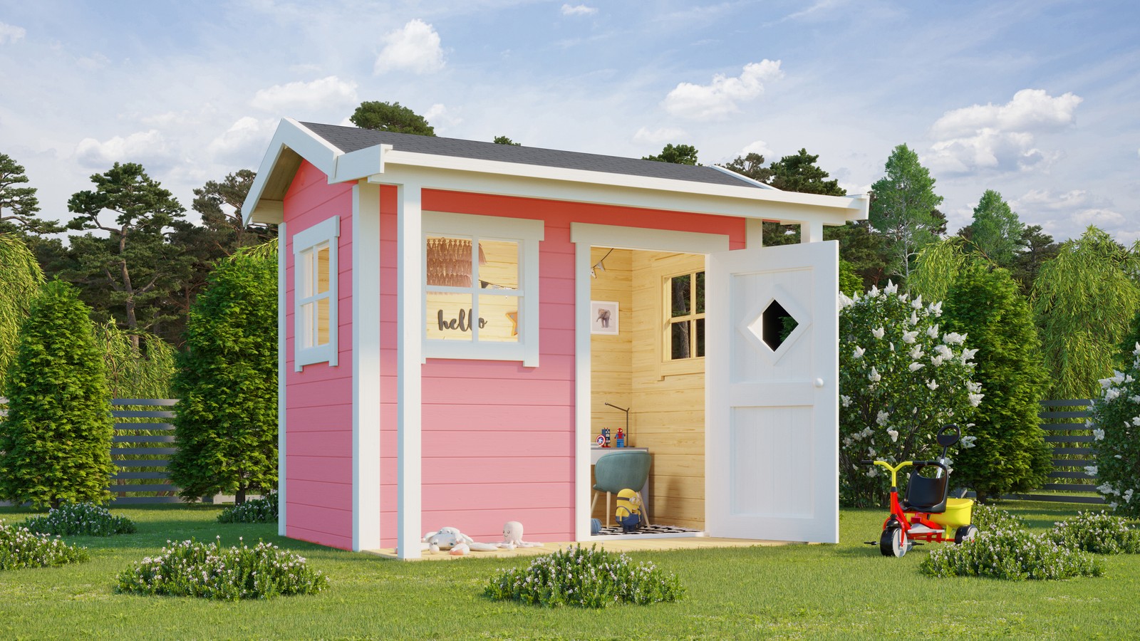 Kinderspielhaus Satteldach 19 mm Pingo hellrosa 220x140 cm Lasita