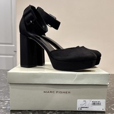 Marc Fisher Black Faux Suede Platform Block Heel Ankle Strap Buckle Heels 8M