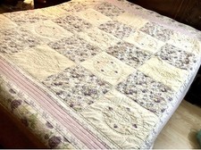 Vtg Reversible Patchwork Quilt 82 x88 Floral Geometrical Ivory Purple Blanket