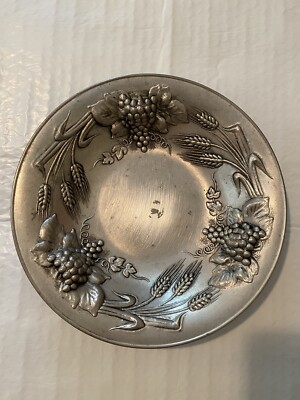 Vintage PEWTER DISH Fruit Bowl Europe ETAIN TIN 2.11 10'' GRAPES WHEAT