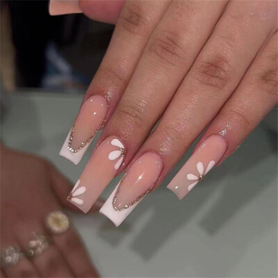 Falsche Nägel Mit Blumen-Druck – Rosa, Glänzend, French Look – 24 Stück + Kleber – Volle Abdeckung Acrylnägel