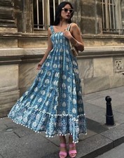 ZARA NEW WOMAN LONG PRINTED DRESS STRAPPY RUFFLED HEM BLUE SIZE S 5598/241