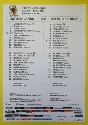 UEFA Euro 2004 Netherlands Czech Republic Team Sheet | eBay