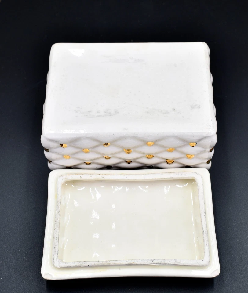 Caja de baratija estilo almohada dorada vintage, blanca, puntos dorados, tapa, 4,3"l x 3"w x 2,4"h Foto 3 de 4