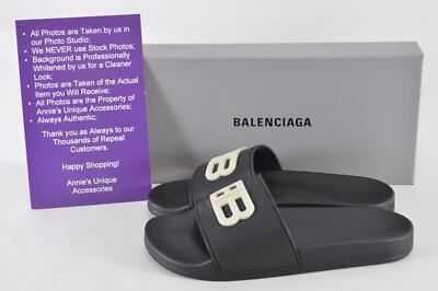 NEW Balenciaga Men's Black GLOW BB Logo Pool Slides Sandals Shoes