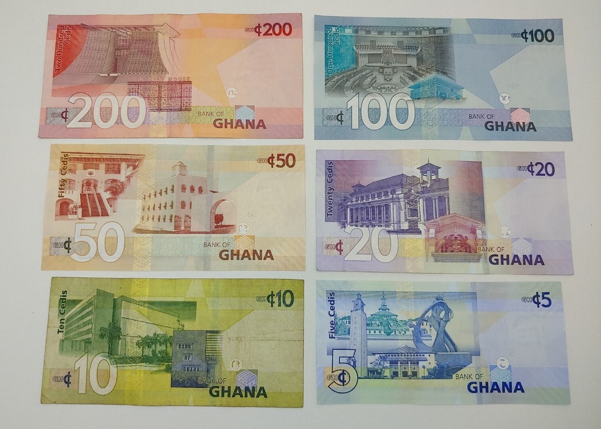 ガーナの紙幣セット 10, 20, 50 GHS Ghana Cedi 6 Bill Set 200 100 50 20 10 5 Collection Africa