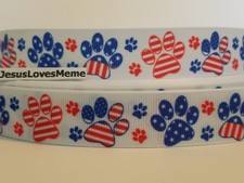 Grosgrain Ribbon Patriotic Dog Paw Prints Red White  Blue USA Rescue Adopt 7/8"