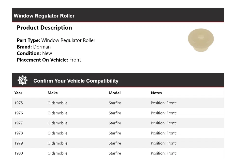 Para 1975-1980 Oldsmobile Starfire Dorman Ventana Regulador Rodillo Delantero 1976 1977 Foto 2 de 4
