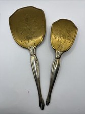 Vintage Gold Tone Art Deco Hand Mirror And Brush Vanity Dresser Set No Glass