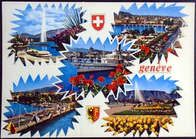Multiple Views, Jet d Eau, Large Ships, Bridge, Gardens, Geneva Switzerland