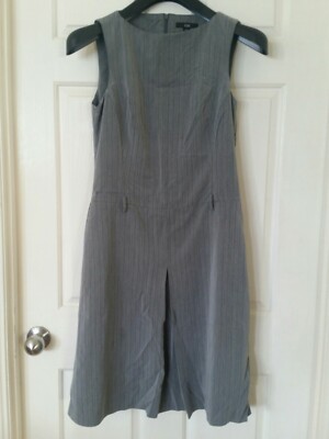 CUE Grey Black Vertical Striped Belt Dress Pinafore Office Work - Main Image