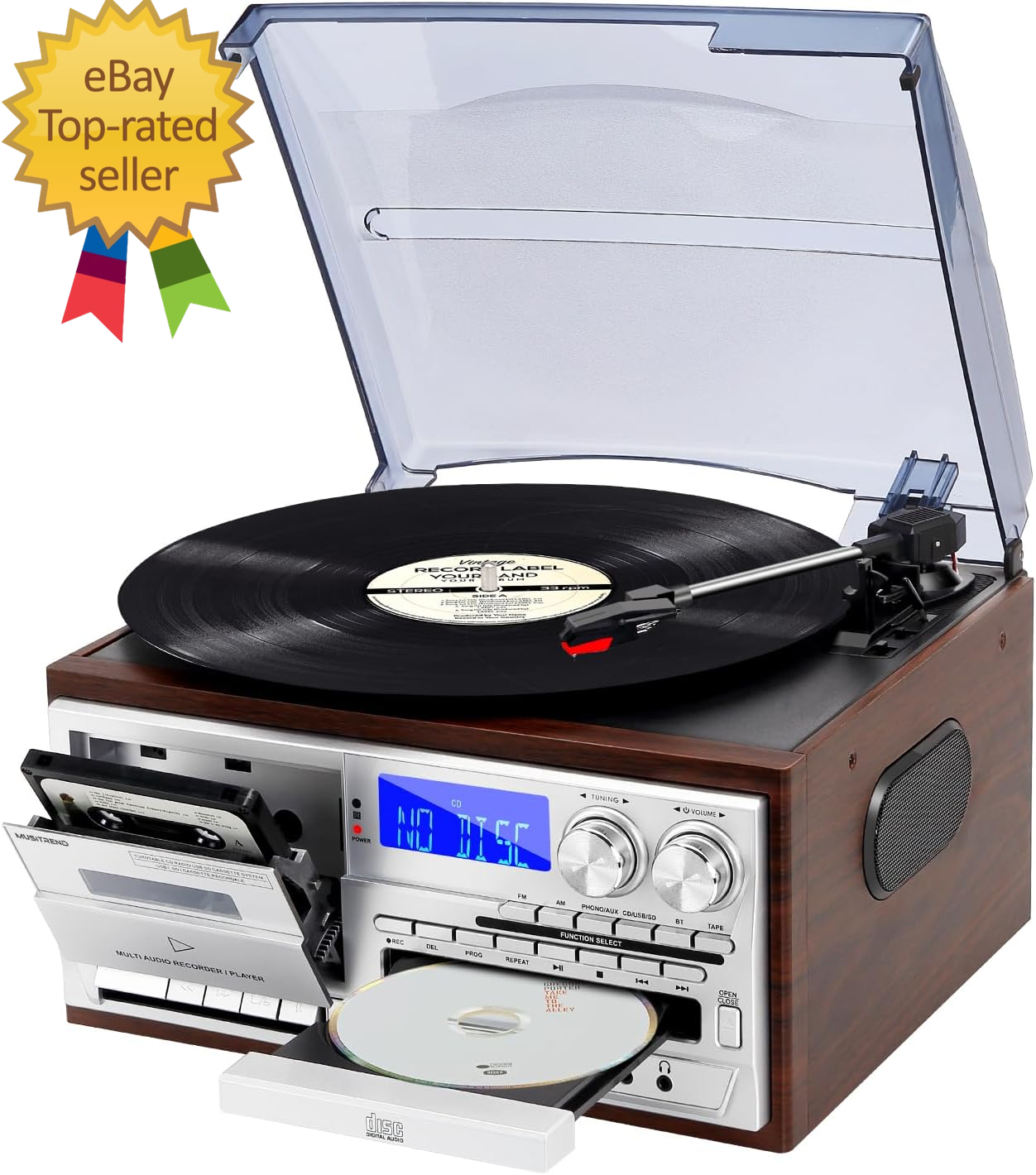 Vintage 9-in-1 Record Player with Bluetooth 3-Speed Turntable CD Cassette Vinyl Playback-image