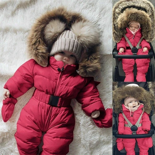 Jackets Hooded Overall Infant Girl Baby Winter Fur Collar Playsuit Snowsuit Coat - Picture 2 of 6