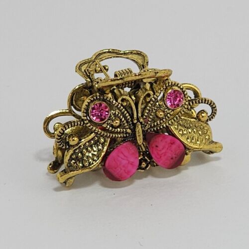 Butterfly Hair Claw Clip Vintage Gold Metal with Pink Rhinestones & Resin Beads - Afbeelding 1 van 5