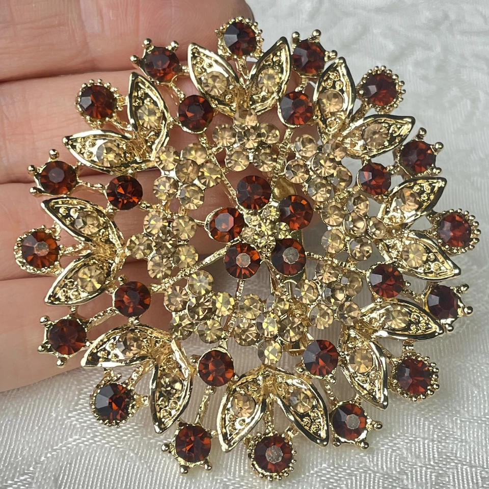 Broche Corona Floral Otoño Color Ámbar Piedras de Vidrio Vintage Octubre Vibraciones Prendedor Foto 4 de 4