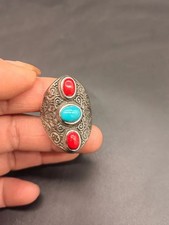 Nepal Tibetan Handmade Silver Inlaid Turquoise Gemstone Ring