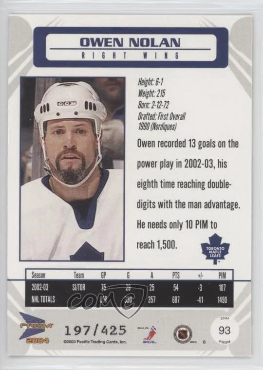 2003-04 Pacific Prism Gold /425 Owen Nolan #93 - Image 2 of 2