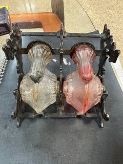 Double Inkwell Antique PAT. 1879 Glass Snail ink Bottles Cast Iron Stand