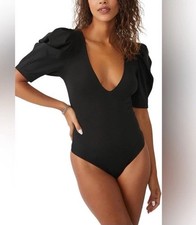 Free People Bodysuit Womens Large Brown Puff Sleeve Deep V Neck Fitted Stretch