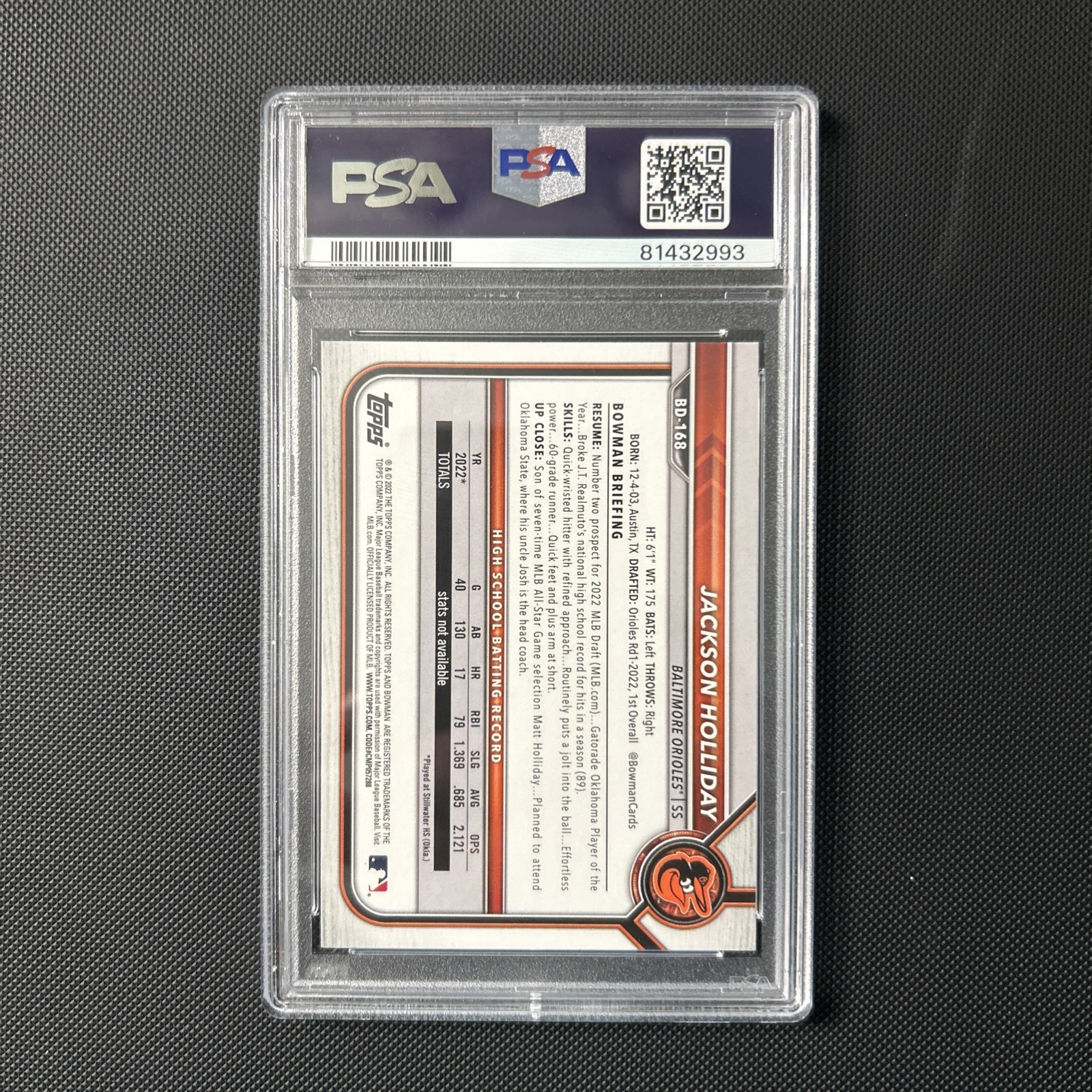 2022 Bowman Draft - Jackson Holliday #BD-168 (RC) PSA 10 view 2