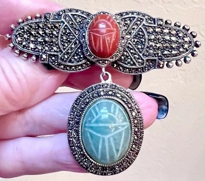 FABULOUS Vintage Egyptian Sterling Silver Red Jasper, Etc. Winged Scarab Brooch