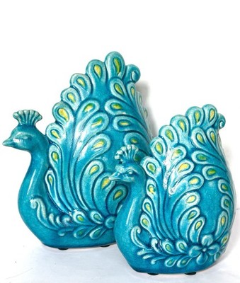 2 Peacock Ceramic Figurine (s) Home Garden Decor 3D 8x7  Teal