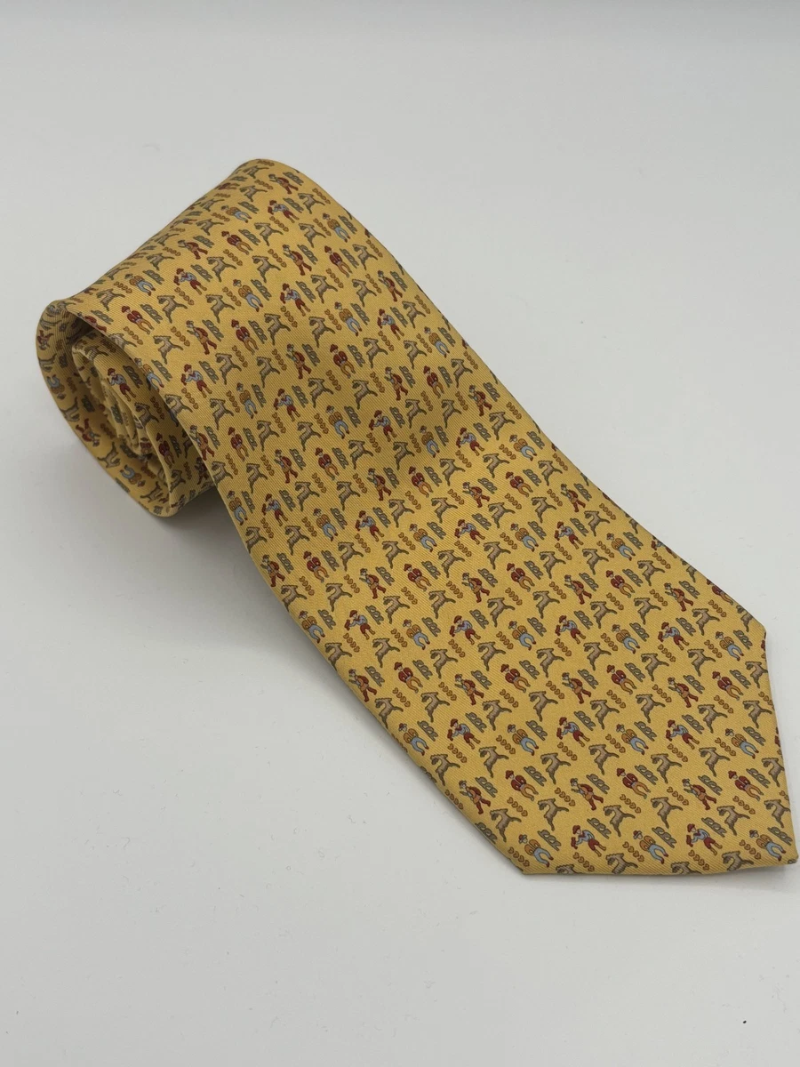 SALVATORE FERRAGAMO Men's 100% Silk Necktie ITALY Luxury Animal Llama Yellow