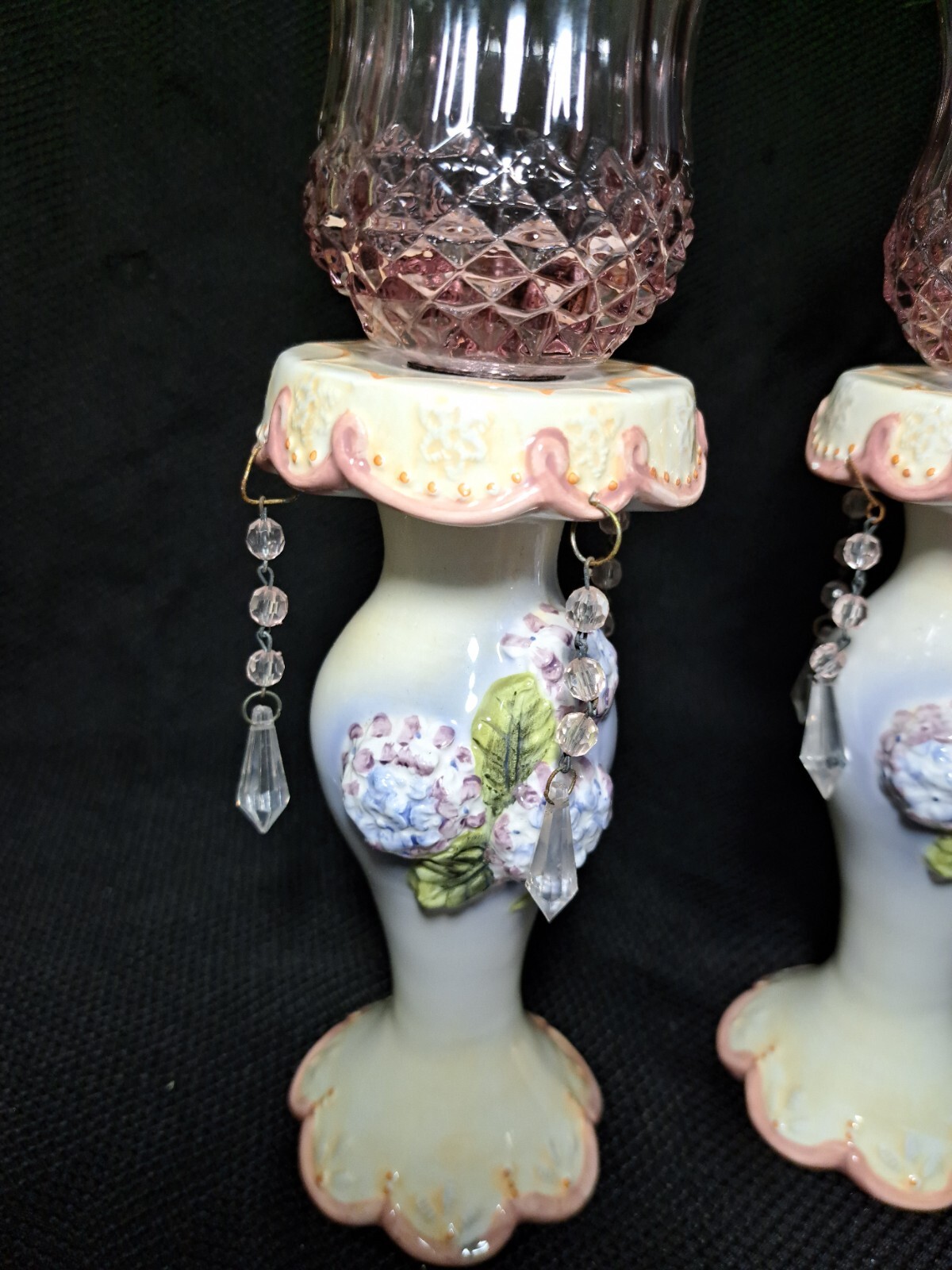 Pair Of Floral Chic Mantle Lusters Pink Glass Candleholders With Prisms
