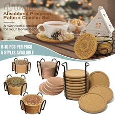 Cork Coasters W/ Holder Drink Tea Coffee Absorbent Round Cup Pad Mat Table Decor