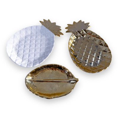 3 x Neuheit Ananas Teller Gold Weiß Form Fun Keramik Beilagen