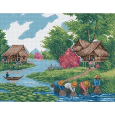 PINN CROSS STITCH KIT : FISHING LIFE IN RURAL THAILAND (42-E) PreOrder
