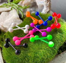 PAIR Flexible Barbell Nipple or Tongue Rings PTFE Vibrant Solid Color NO METAL