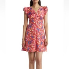 Eliza J Twist Bust Mini Dress Red Floral Ruffle Flowy Size 10 NWOT
