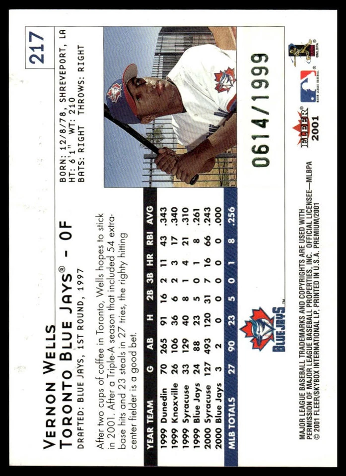 2001 Fleer Premium #217 Vernon Wells #/1999 - Image 2 of 2