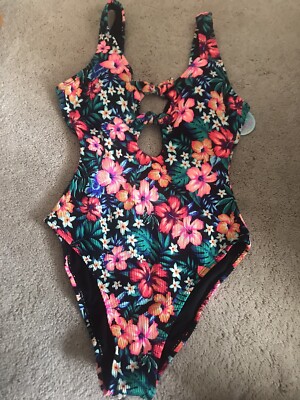 NWT S Island Soul One Piece Swimsuit Neon Floral Print Tie Front Bathing  Suit - Main Image