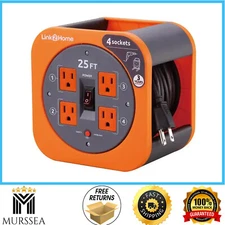 25 Ft. 16/3 Extension Cord Storage Reel 4 Grounded Outlets Overload Reset Button